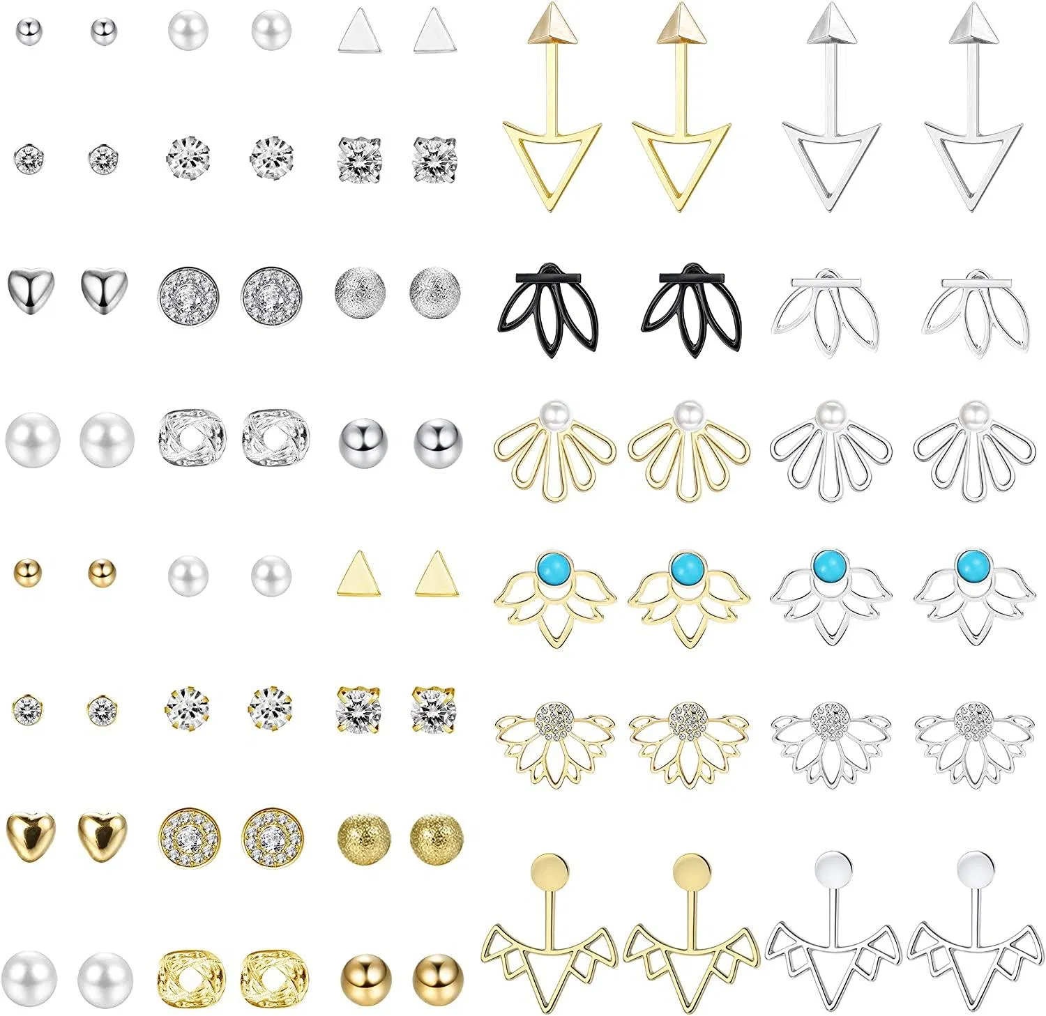 36 Pairs Stud Earrings for Women Crystal Pearl Earrings Hollow Lotus Flower Ear Jacket Chic Earrings Set - Grocery