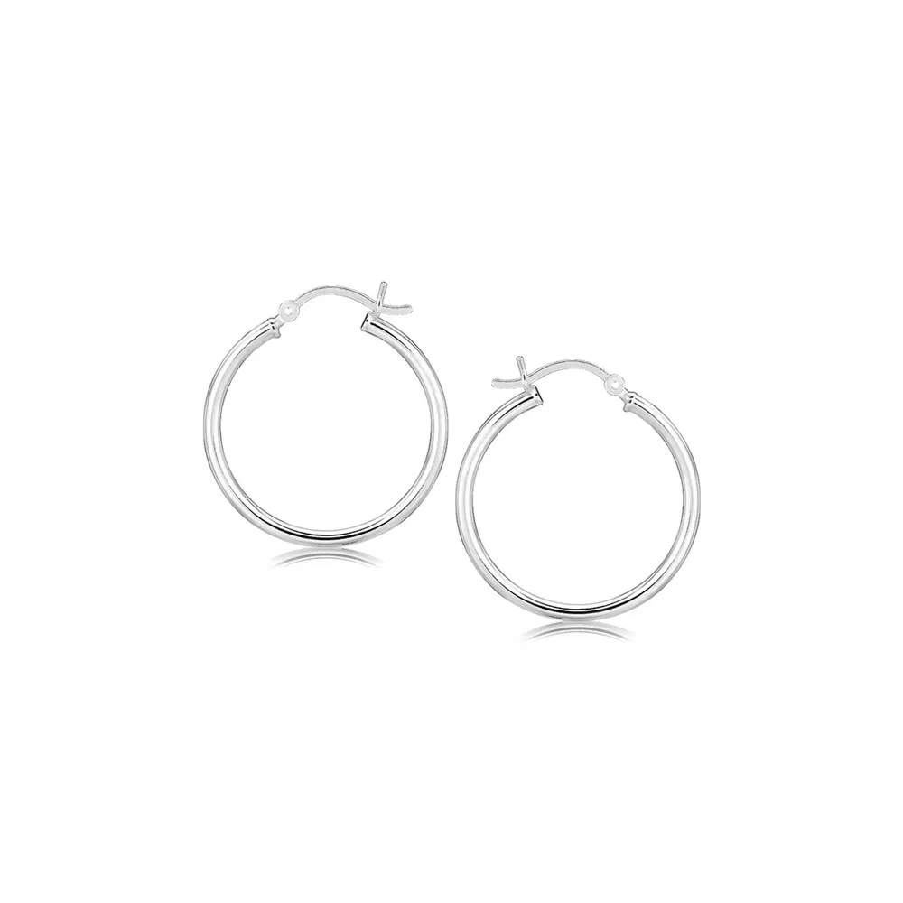 Sterling Silver Rhodium Plated Thin and Polished Hoop Motif Earrings (2x25mm) - Grocery