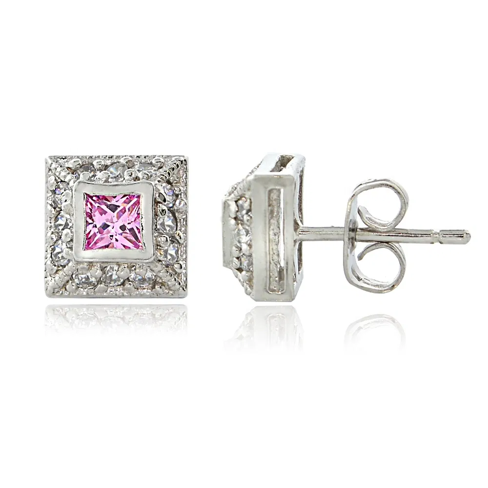 Sterling Silver Pink Cubic Zirconia and Simulated Diamond CZ Post earrings - Grocery