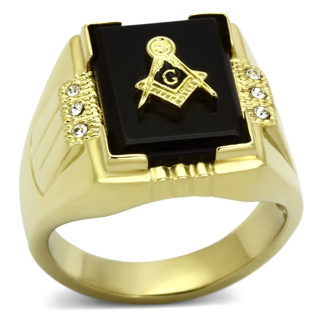 TK795 - IP Gold(Ion Plating) Stainless Steel Ring with Semi-Precious Agate in Jet - Grocery