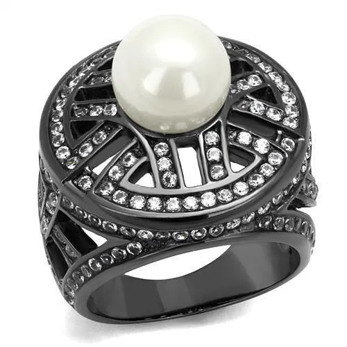 TK2771 - IP Light Black (IP Gun) Stainless Steel Ring with Synthetic Pearl in White - Grocery