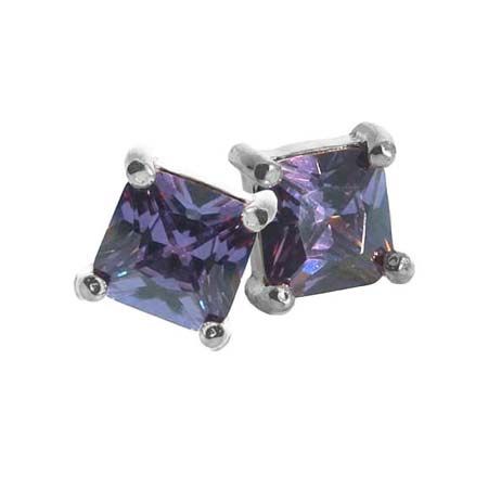 Sterling Silver Amethyst CZ Square Stud Earrings, 6mm - Grocery