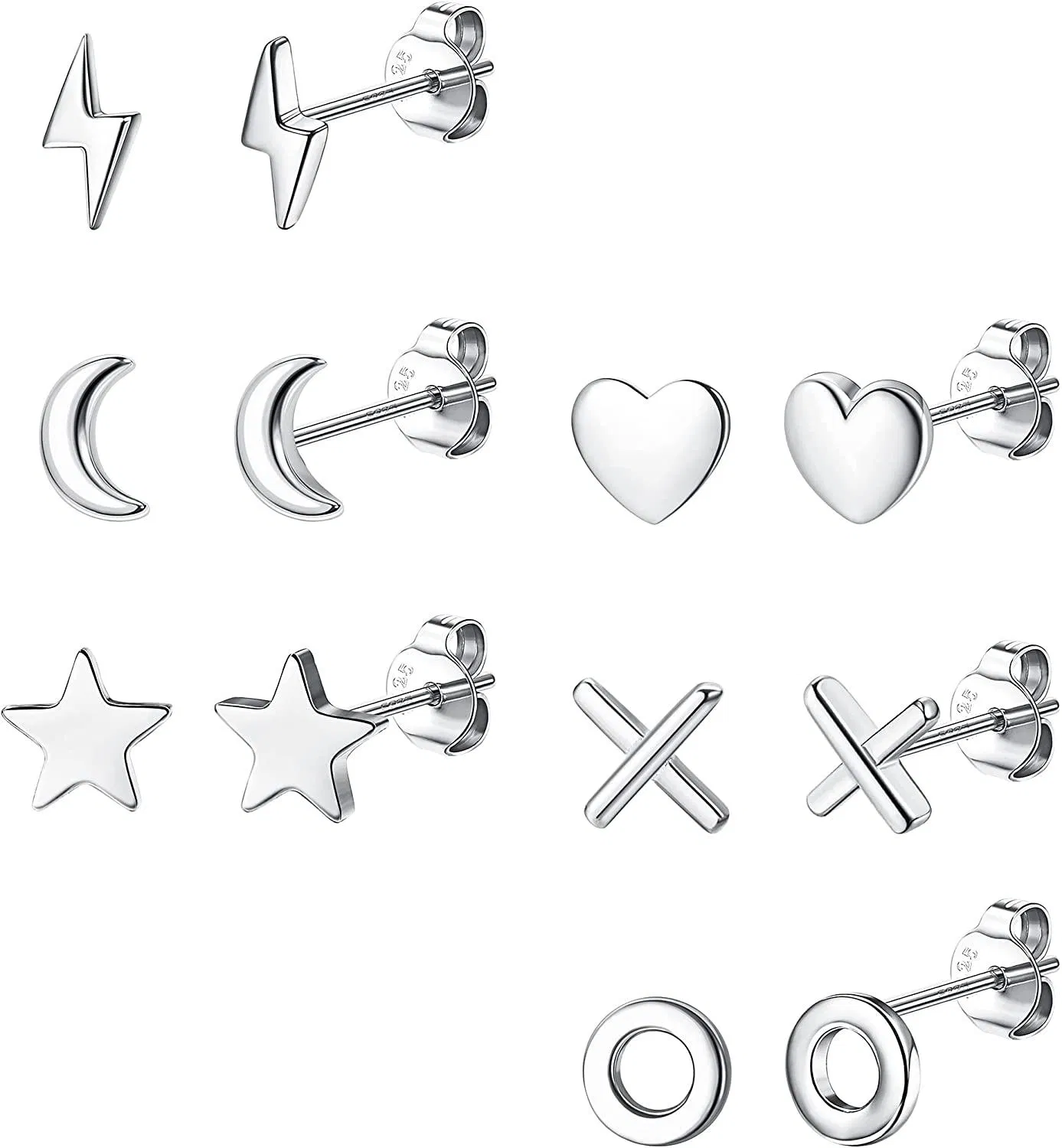 6Pairs 20G 925 Sterling Silver Stud Earrings for Women Men Cross Circle(XO) Moon Star Heart Lightning Hypoallergenic Cartilage Helix Ear Piercing Jewelry - Grocery