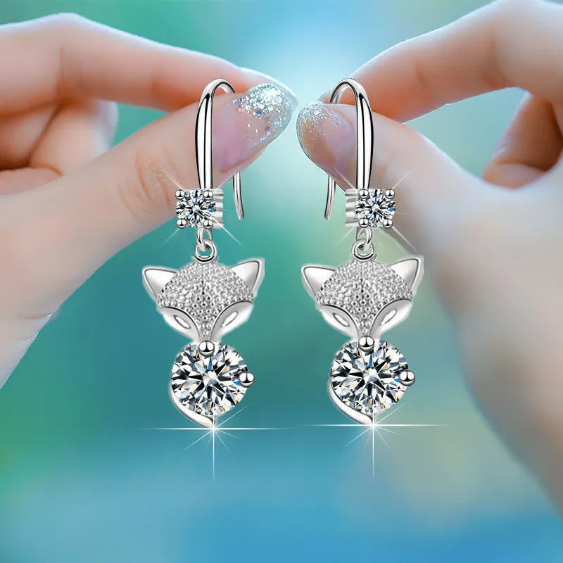 925 Silver Plating Cute Fox Pendant Earrings For Women Jewelry - Grocery