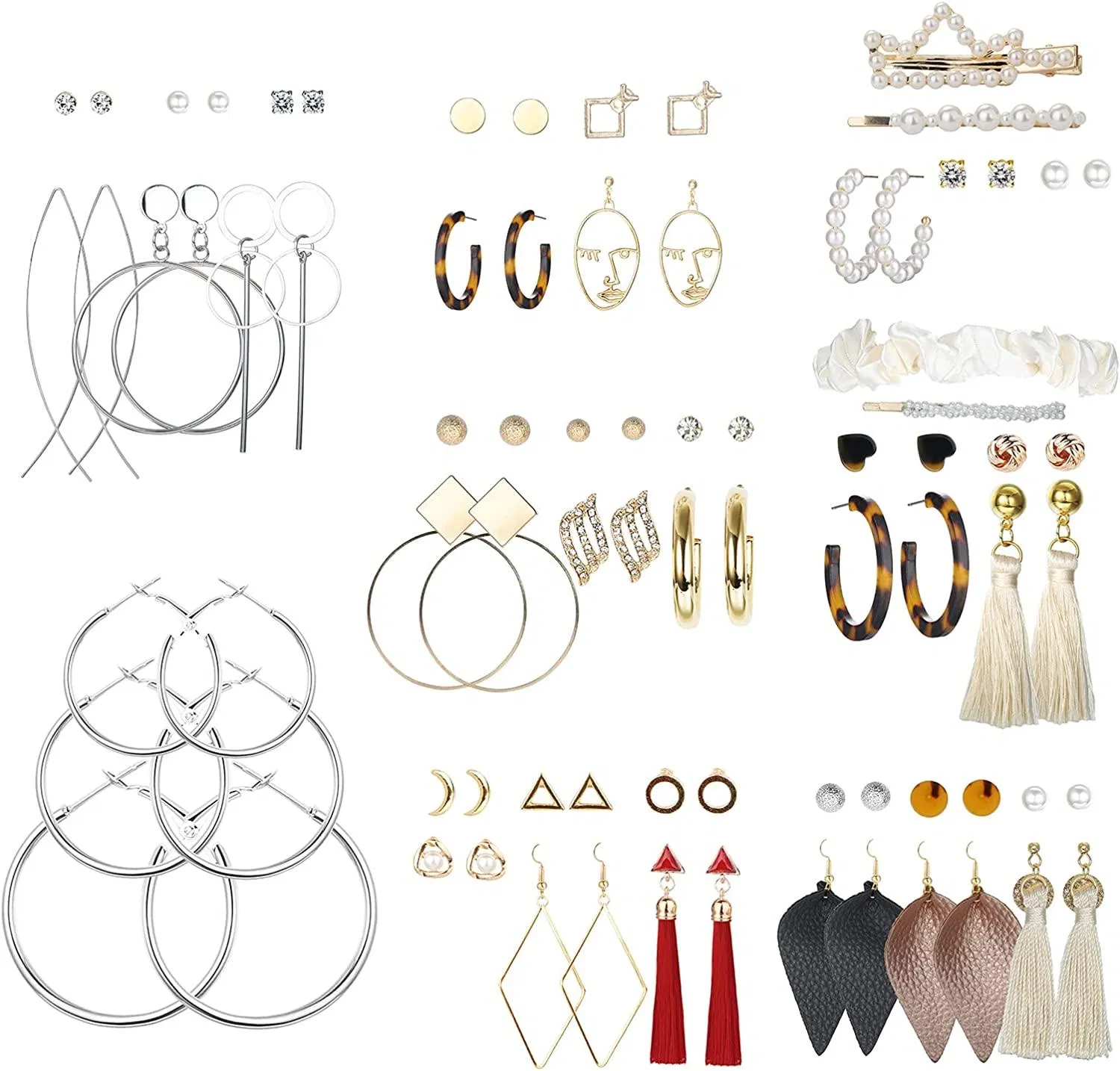 Fashion Earrings Set for Women Bohemian Tassel Earrings Set Acrylic Geometric Earrings Faux Pearl Hoop Earrings Layered Necklace Hair Clip for Women - Grocery