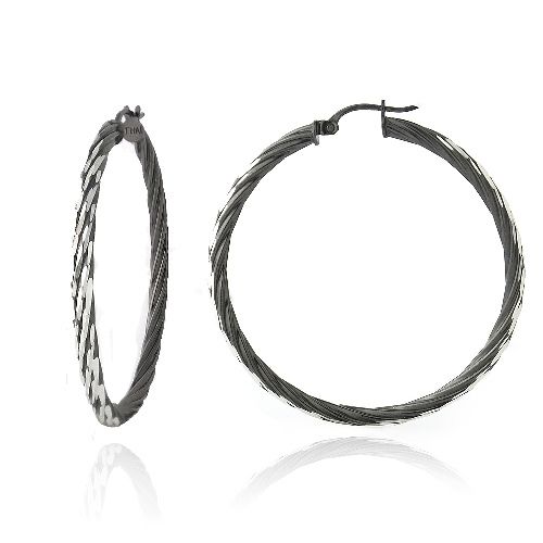 Black Rhodim Overlay Sterling Silver Two-Tone 40mm Diamond-Cut Twist Hoop Earrings - Grocery