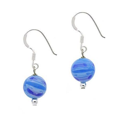 Sterling Silver Blue Millefiori Murano Glass Bead Dangle Earrings - Grocery