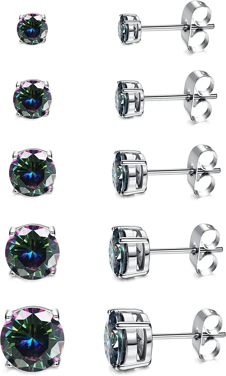 5 Pairs CZ Stud Earrings Set; Round Clear Cubic Zirconia Stud Earrings 316L Stainless CZ Earrings 3-7mm - Grocery