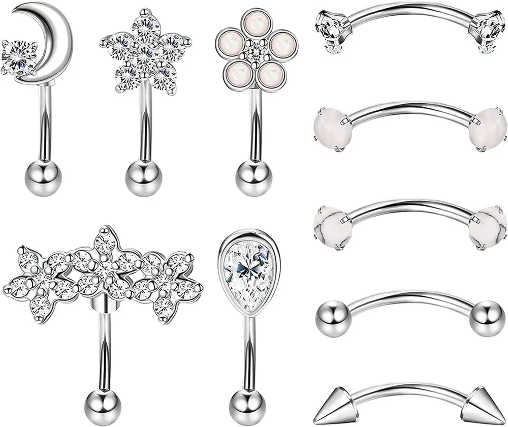 10PCS Stainless Rook Daith Earring for Women Curved Barbell Eyebrow Rings Belly Lip Ring Cartilage Tragus Body Piercing CZ Flower Rook Piercing - Grocery