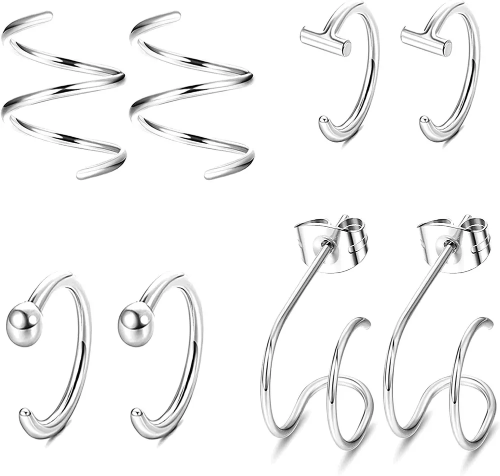 4 Pairs Sterling Silver Minimalist Small Half Huggie Hoop Stud Earrings Cuff Earrings for Women Cartilage Helix Piercing Set - Grocery
