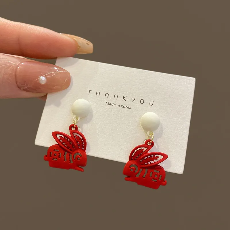Zodiac Year Paper-cut Red Rabbit Earrings Female - Grocery