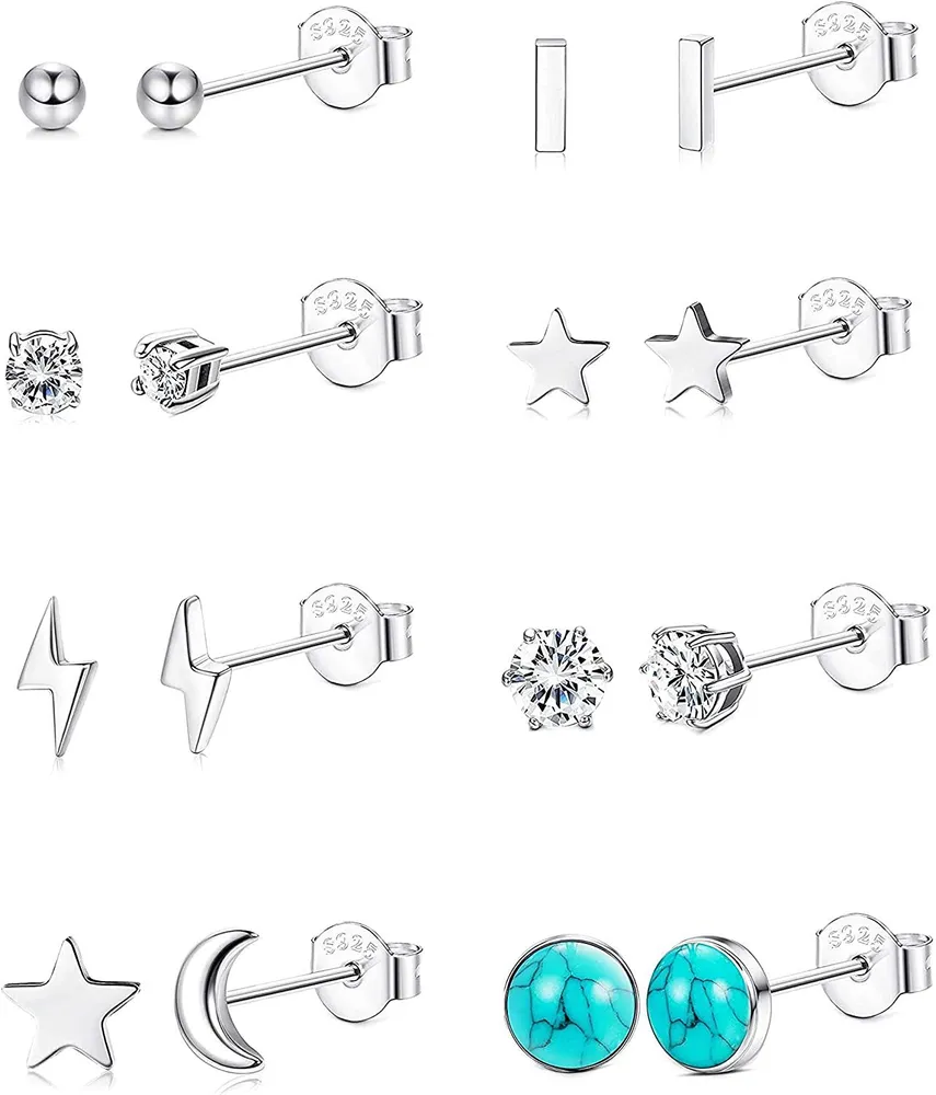 8 Pairs 925 Sterling Silver Stud Earrings Set for Women Moon Star Turquoise Lightning Bolt Stud Earrings Cartilage Tragus Earrings - Grocery