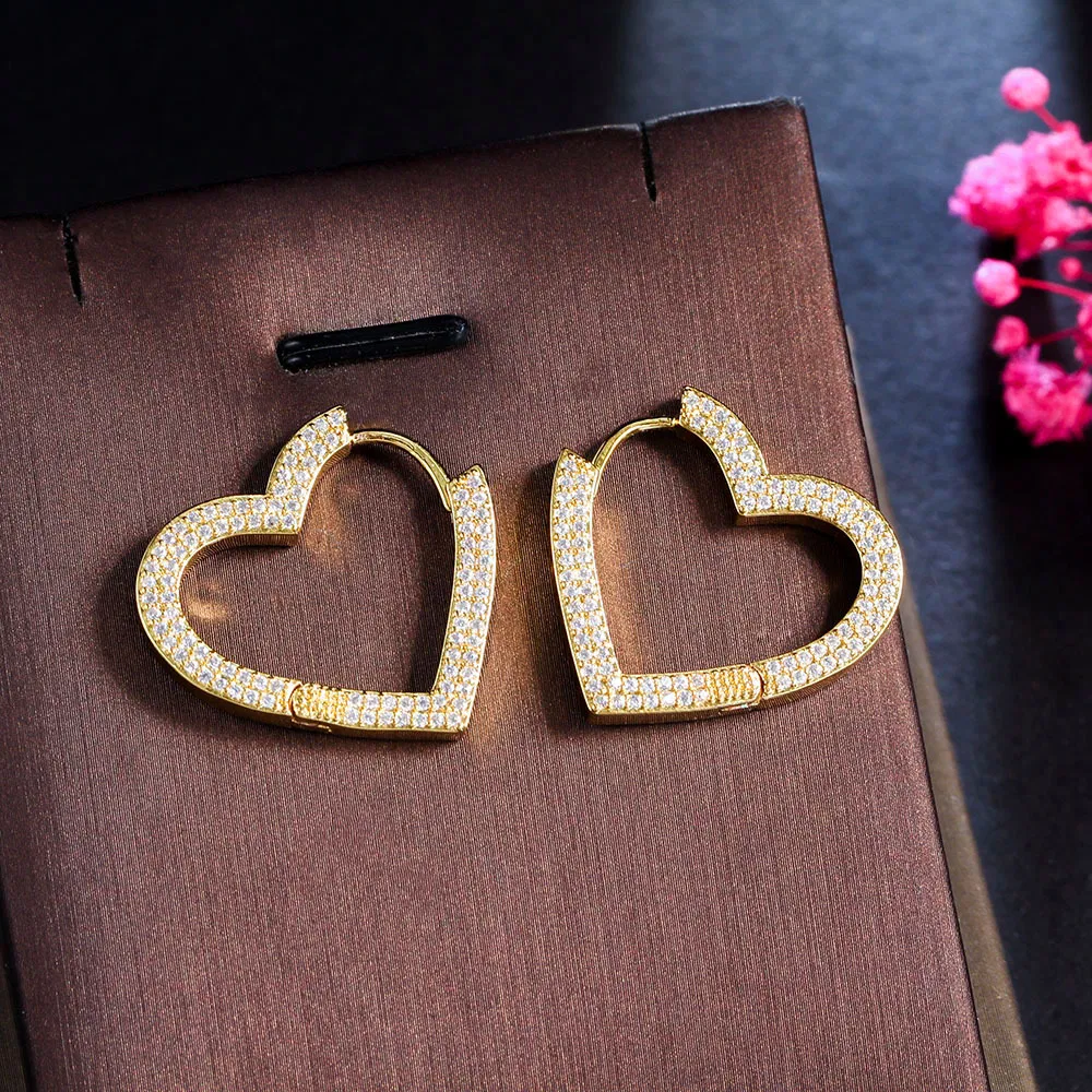 Zircon Inset Love Earrings Geometric Heart Brass Gold Plated Ear Ring Ear Accessories - Grocery