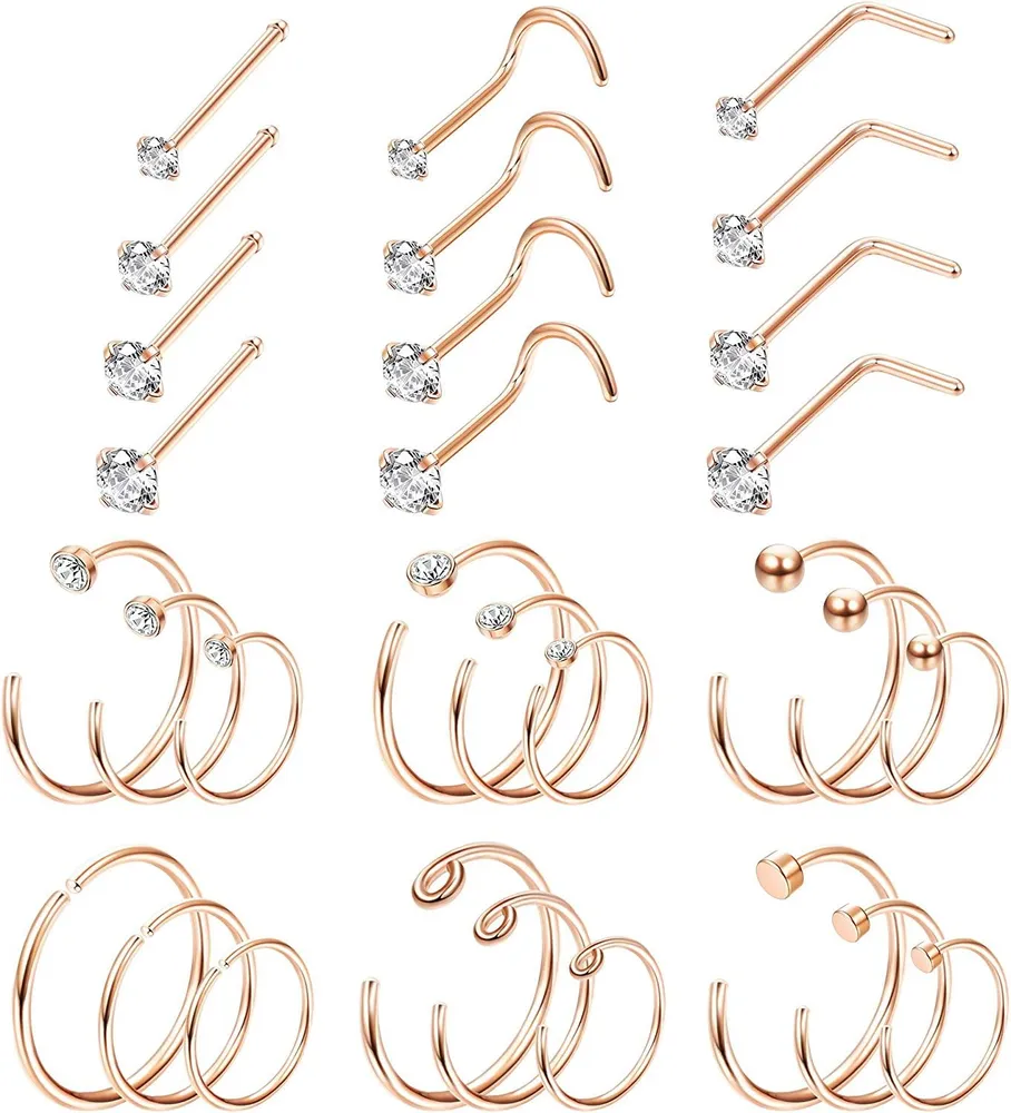 20G Stainless Steel Hoop Nose Rings Stud Rings CZ Inlaid Piercing Jewelry 30PCS - Grocery