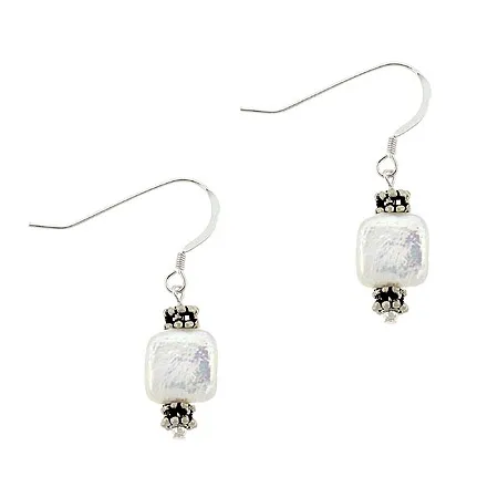Sterling Silver White Square Freshwater Cultured Coin Pearl Bali Bead Dangle Earrings - Grocery