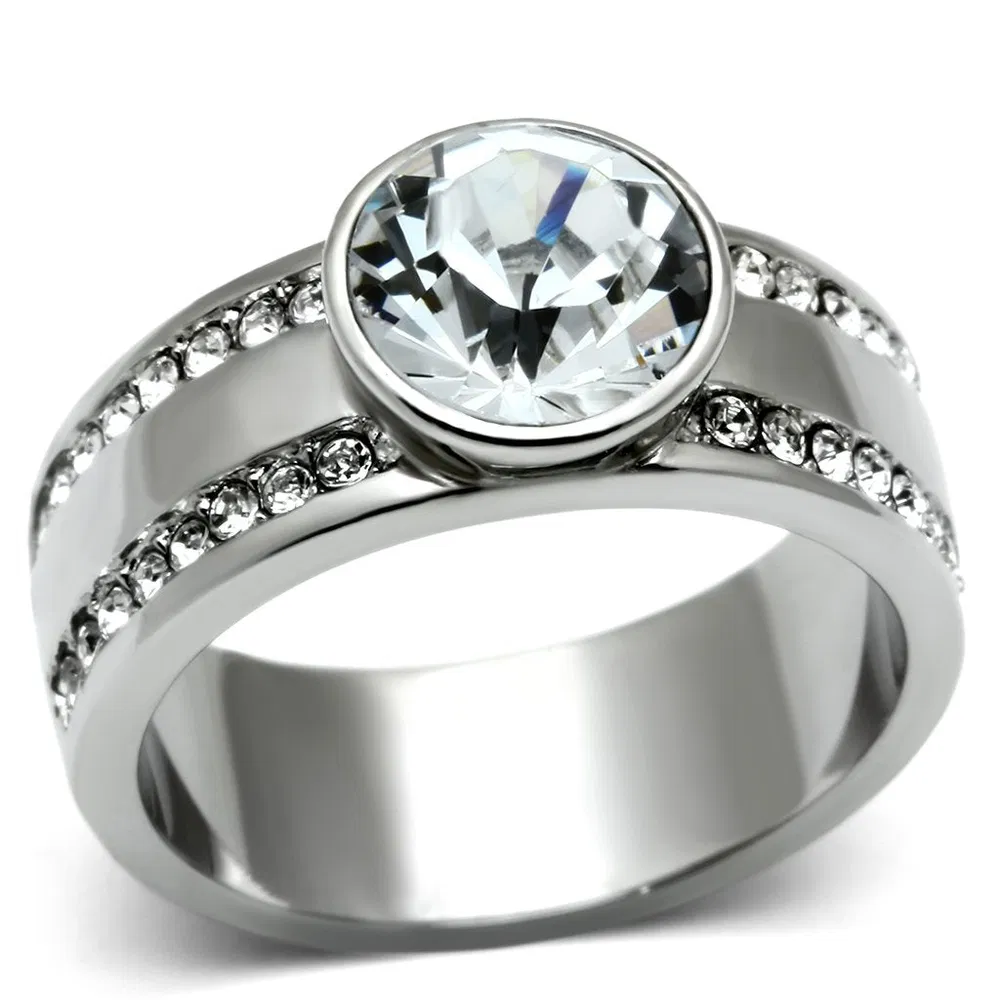 TK646 - High polished (no plating) Stainless Steel Ring with Top Grade Crystal in Clear - Grocery