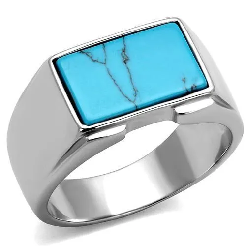 TK3000 - High polished (no plating) Stainless Steel Ring with Synthetic Imitation Amber in Sea Blue - Grocery