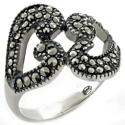 LOAS1010 - High-Polished 925 Sterling Silver Ring with Synthetic Marcasite in Jet - Grocery