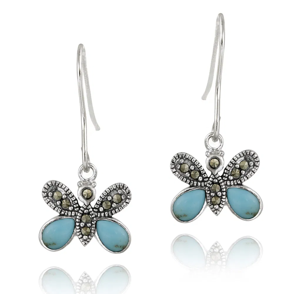 Sterling Silver Marcasite & Created Turquoise Butterfly Earrings - Grocery