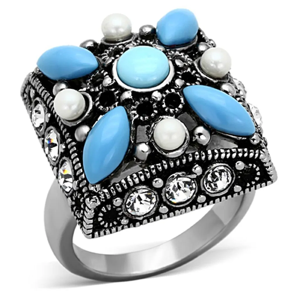 TK1309 - High polished (no plating) Stainless Steel Ring with Synthetic Turquoise in Sea Blue - Grocery