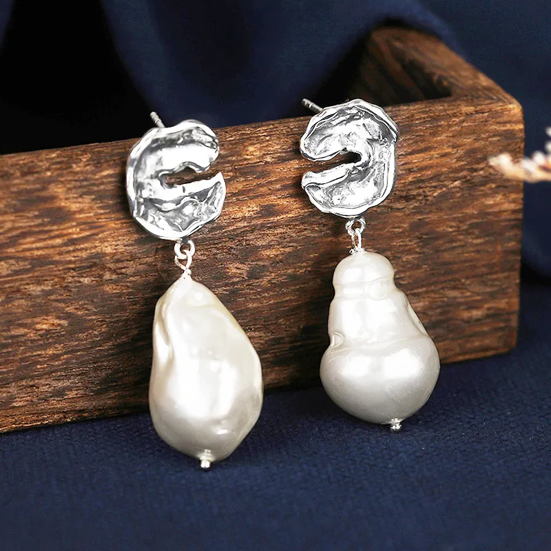 S925 Silver Bead Earrings, Retro Baroque Pearl Earrings, French Personality Exaggerated Earrings - Grocery