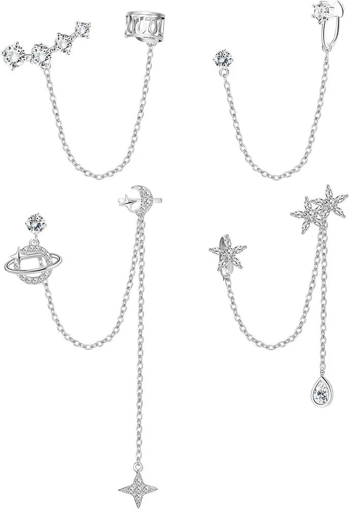 4PCS Cuff Earrings Chain for Women CZ Tassel Ear Cuff Crawler Long Chain Earrings Moon Star Planet Dangling Chain Earrings - Grocery