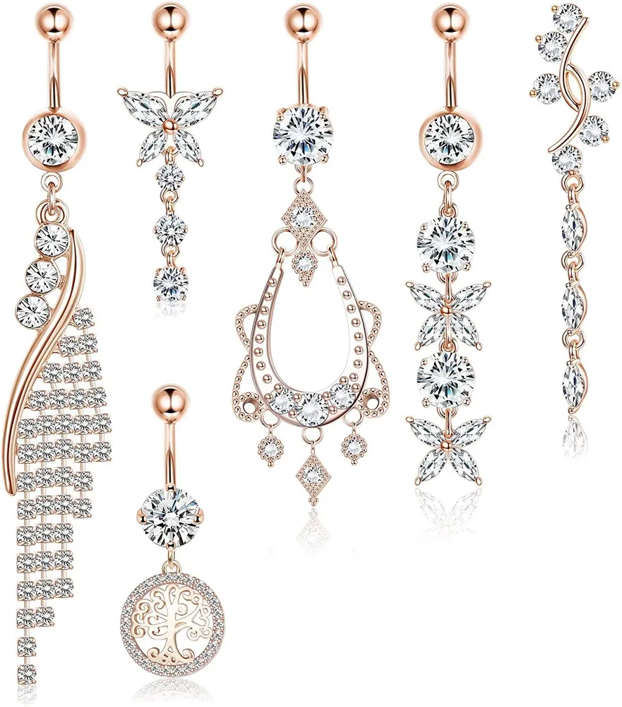 6Pcs 14G Dangle Belly Button Bars for Women Stainless Steel CZ Navel Rings Belly Button Piercing Jewellery - Grocery