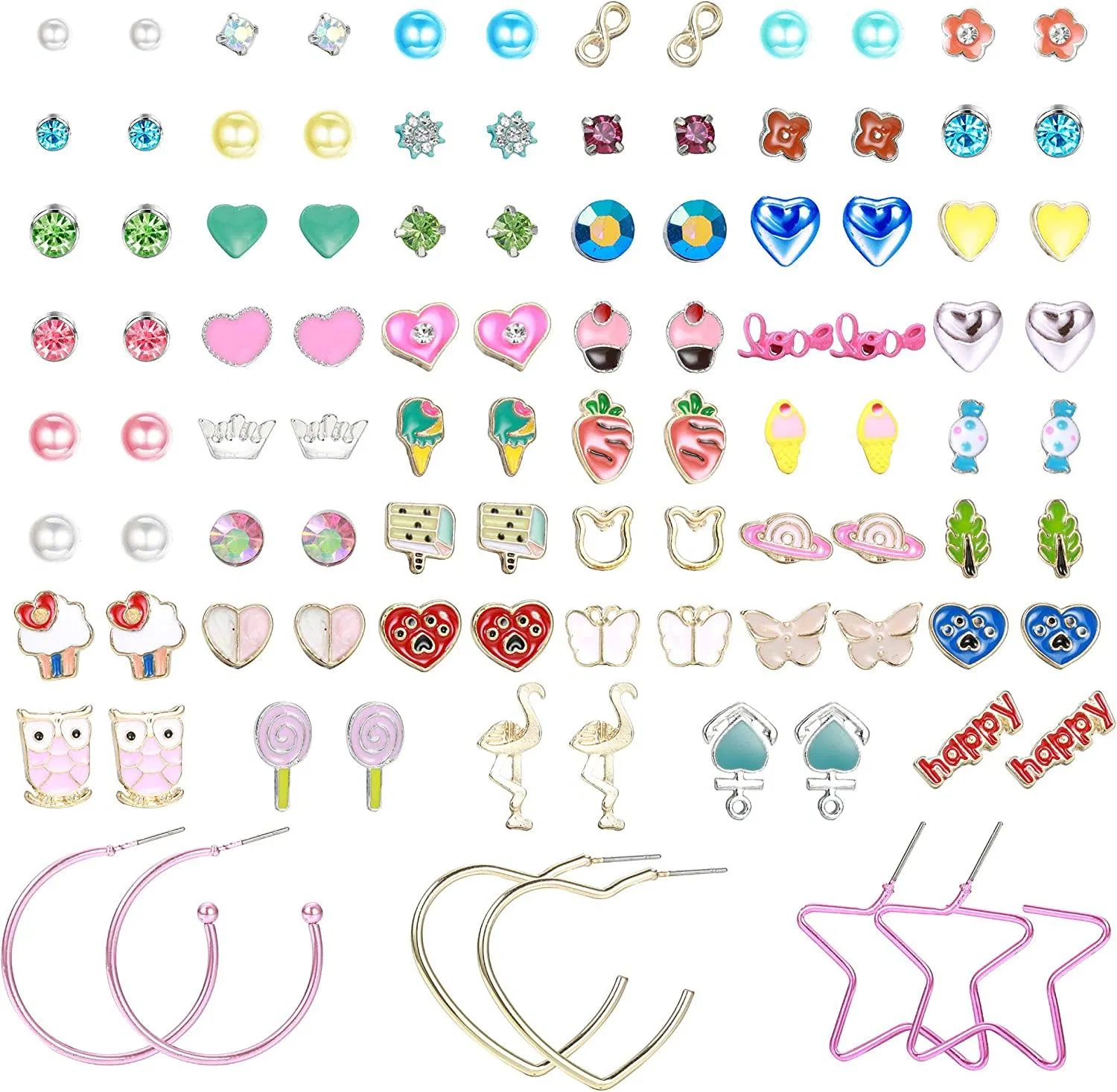 50Pairs Stud Earrings for Women Stainless Steel Post Cute Animals Star Ball Faux Pearl CZ Earrings Set - Grocery