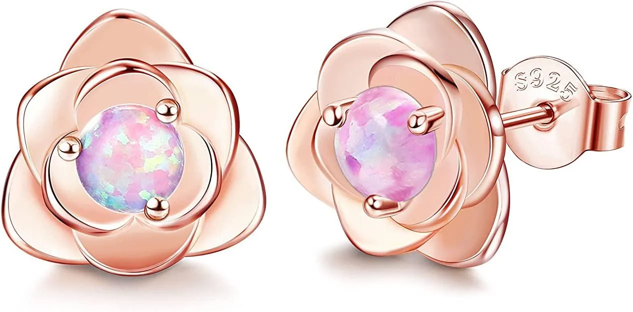 925 Sterling Silver Stud Earrings for Women Exquisite CZ Stud Earrings 18K White Gold Plated Opal Rose Flower Stud Earrings for Women Men - Grocery