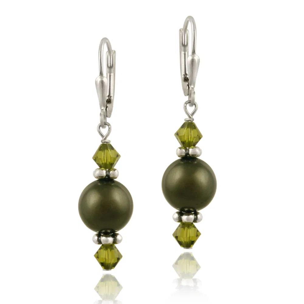 Sterling Silver Green Swarovski Pearl Elements & Crystal Dangle Leverback Earrings - Grocery