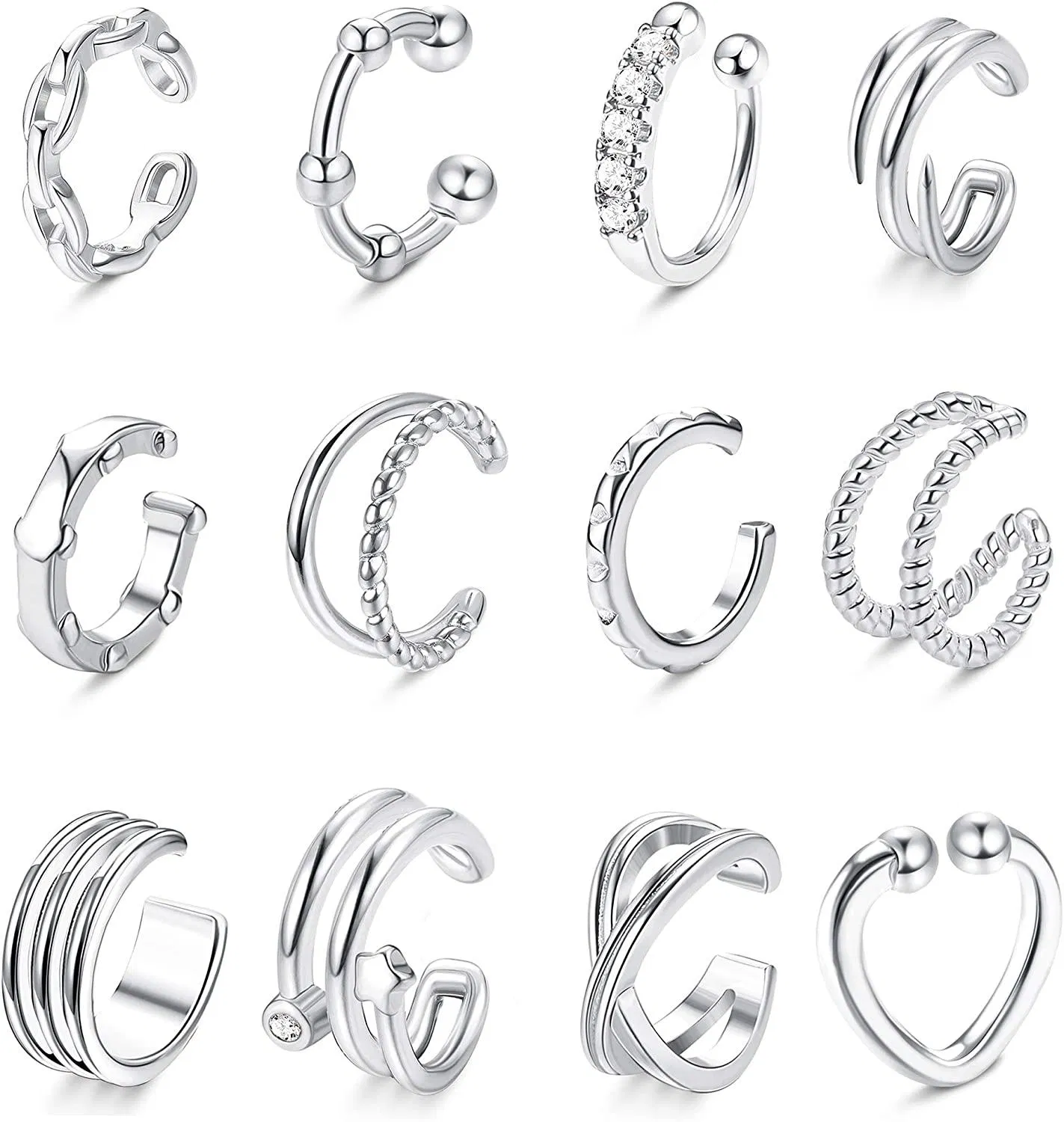 12 PCS Ear Cuff Earrings Non-Piercing Fake Ear Clip Sparkling CZ Ear Helix Cuffs Earrings for Women - Grocery