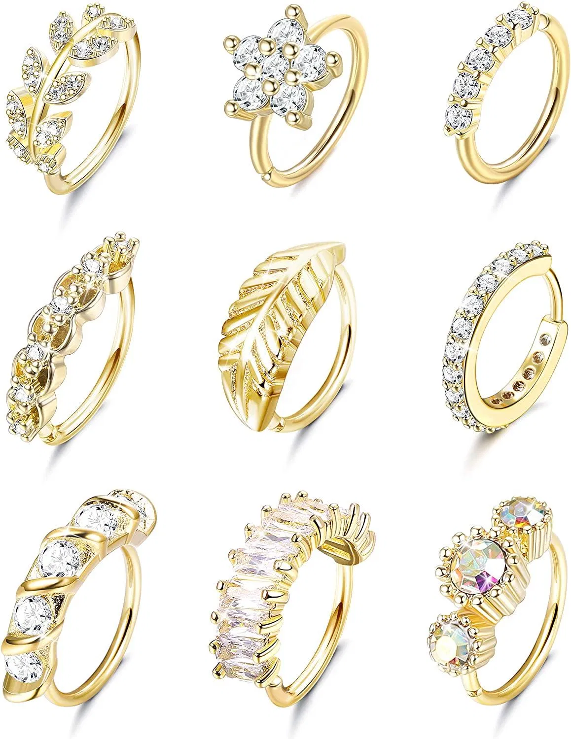 9Pcs Stainless Steel Nose Ring Hoop Stud Paved CZ Leaf Feather Flower Crawler Nose Ear Cartilage For Women Nose Ear Piercing Hoop - Grocery