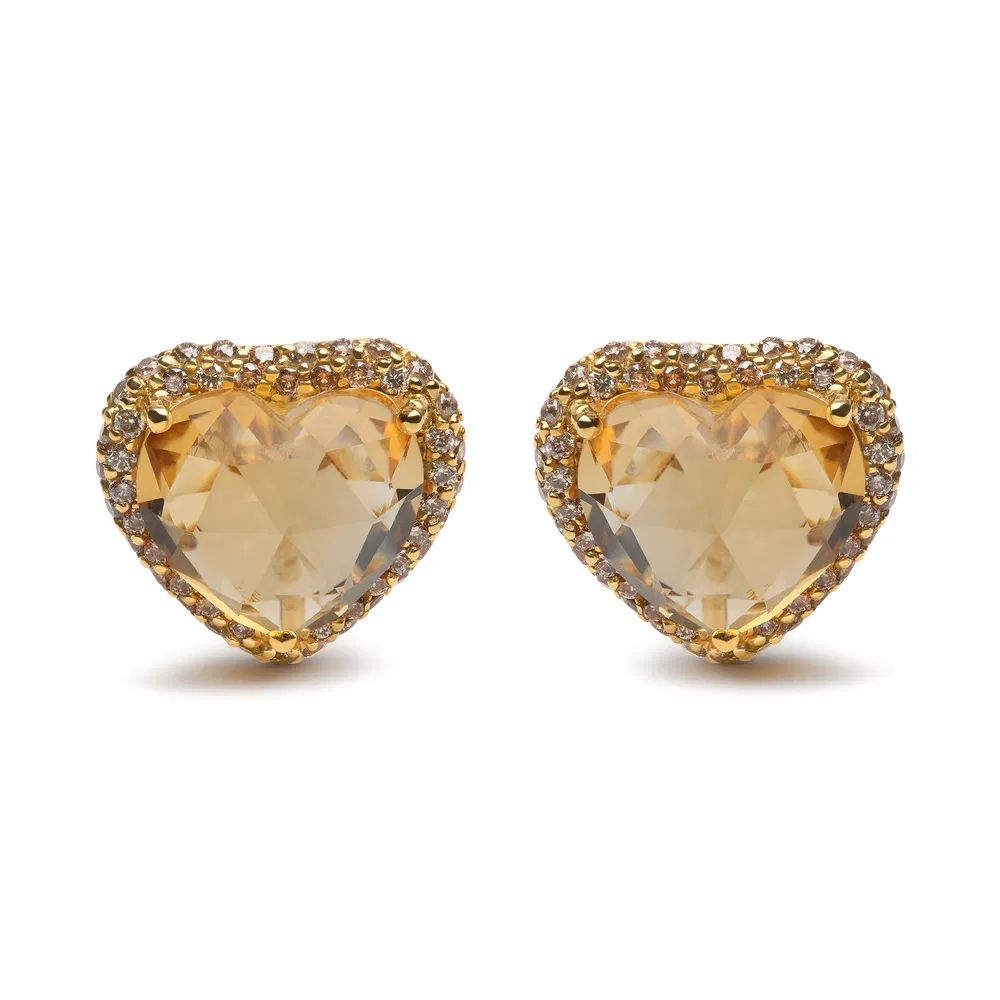18K Yellow Gold 2/3 Cttw Brown Diamonds and 11x11mm Heart-Cut Yellow Citrine Gemstone Halo Heart Stud Earrings (Brown Color, SI1-SI2 Clarity) - Grocery