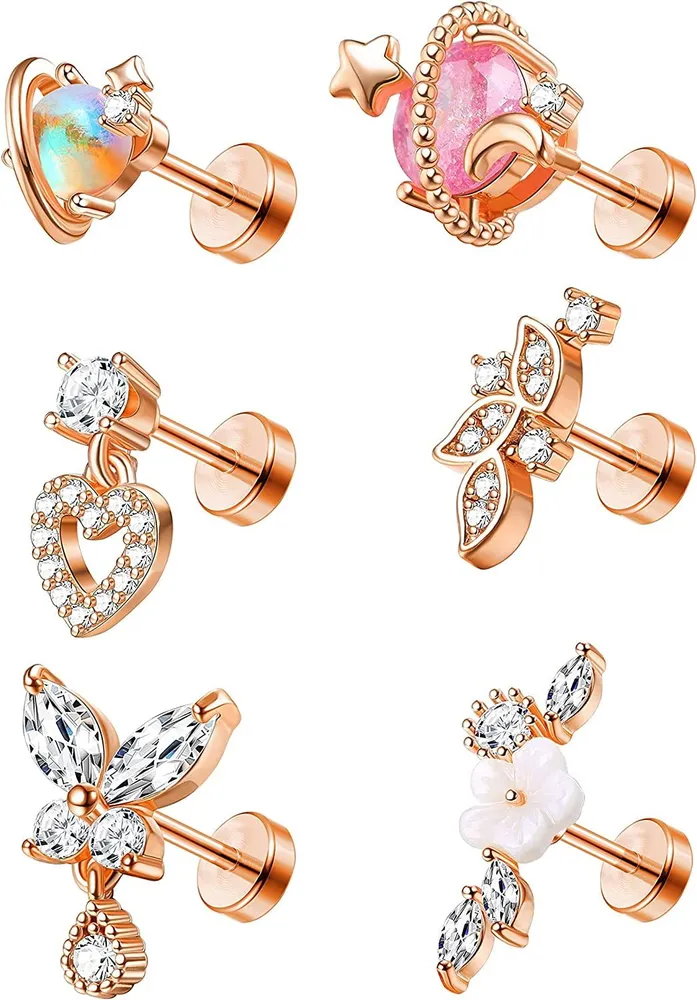 Stainless Front Spiral Pierced Stars Moon Butterfly Spiral Earrings Helix Cartilage Stud Pierced Jewelry - Grocery