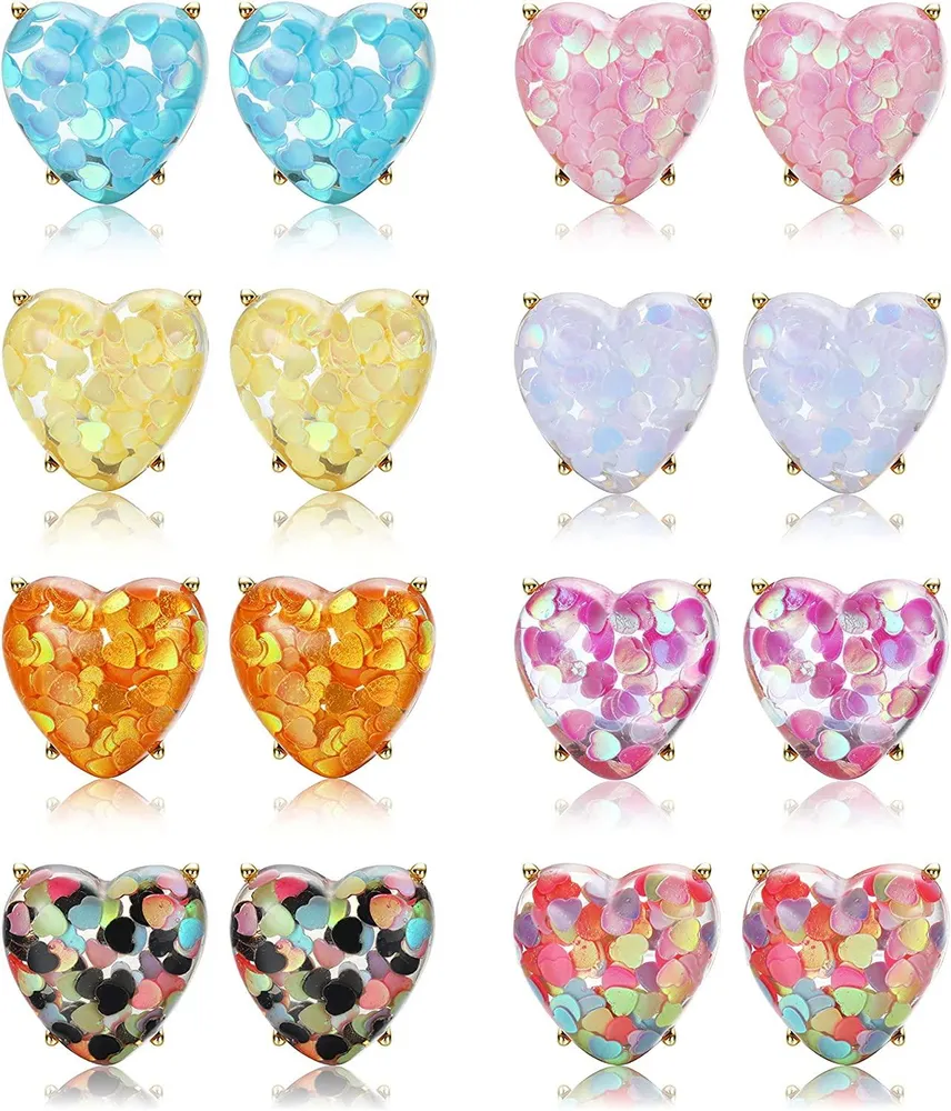 8 Pairs Faux Druzy Stud Earrings Heart Square Stud Earrings Stainless Statement Colorful Glitter Earrings for Women Teens - Grocery