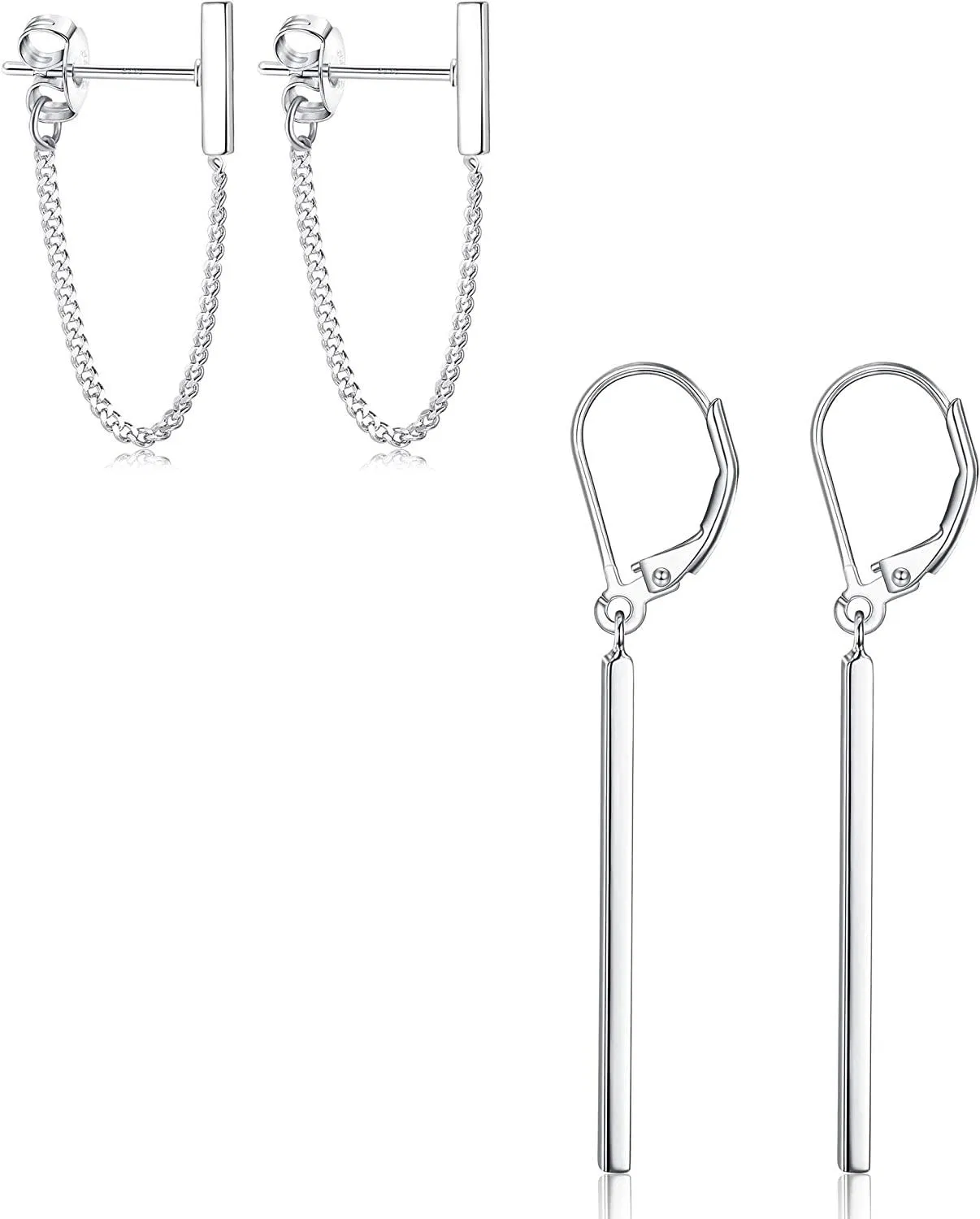 2Pairs Sterling Silver Minimalist Bar Dangle Earrings Bar Earrings with Chain Elegant Vertical Bar Dangle Earrings for Women - Grocery