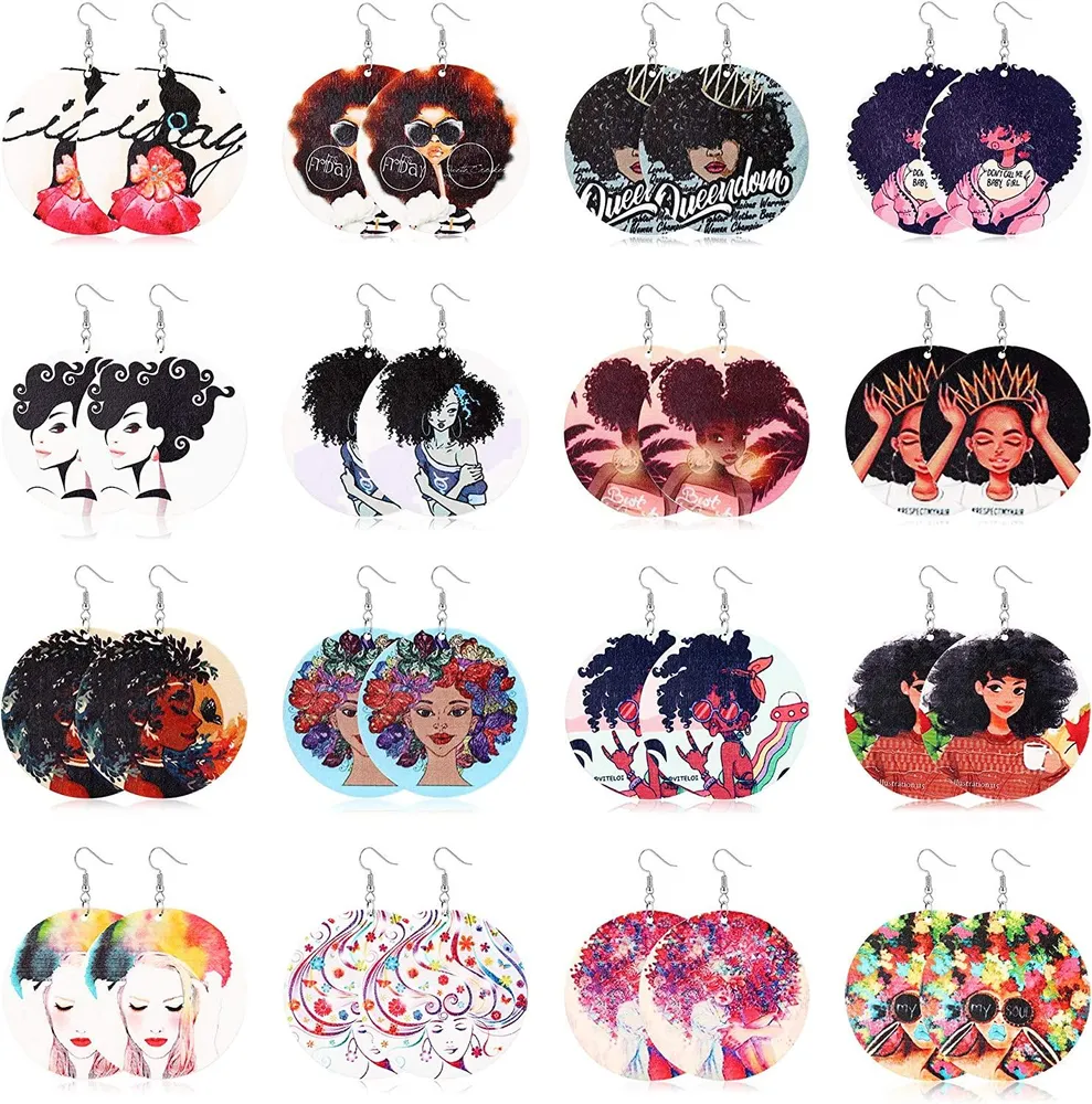 16pairs African Women Earrings Ethnic Style Dorp Dangle Earring Round Natural Wooden Painted - Grocery