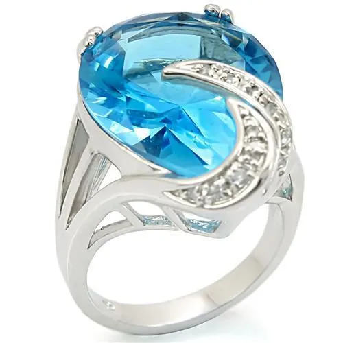 0W343 - Rhodium Brass Ring with Synthetic Synthetic Glass in Sea Blue - Grocery