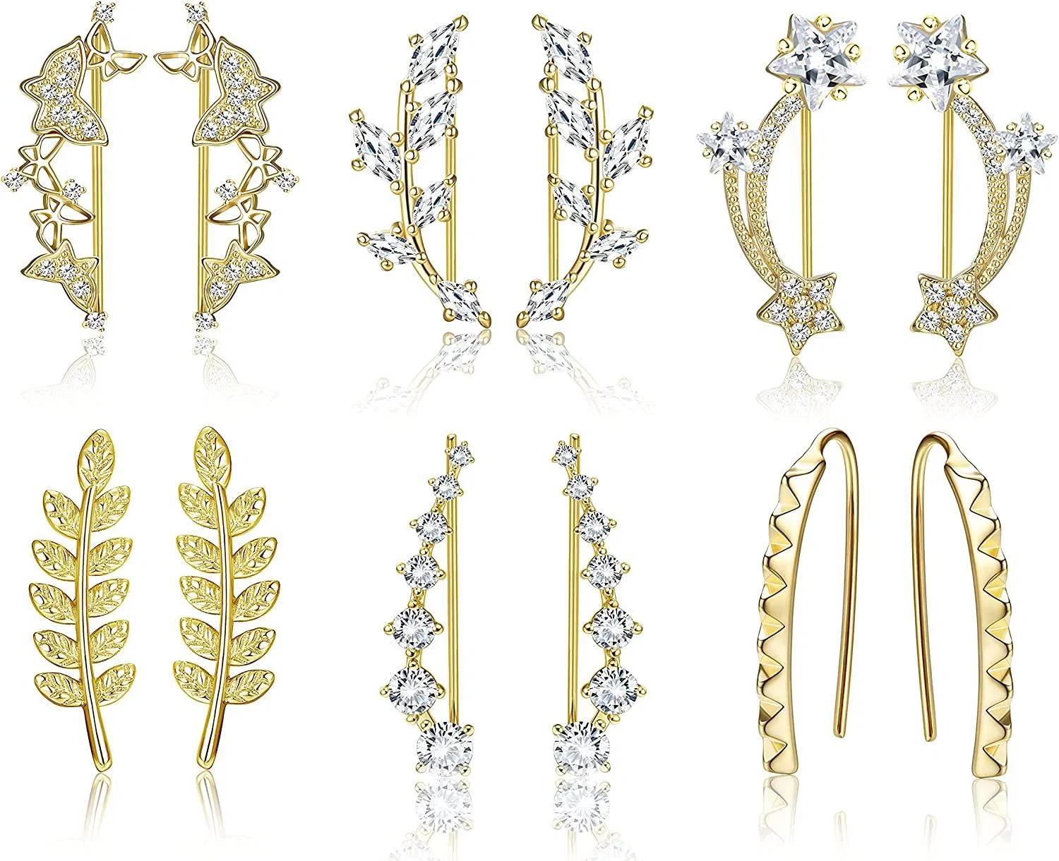 6Pairs Ear Cuffs Climber Hoop Earring for Women Ear Climber Earrings Crawler Stud Earring CZ Leaf Star Bar 3D Butterfly Wrap Earring Set - Grocery