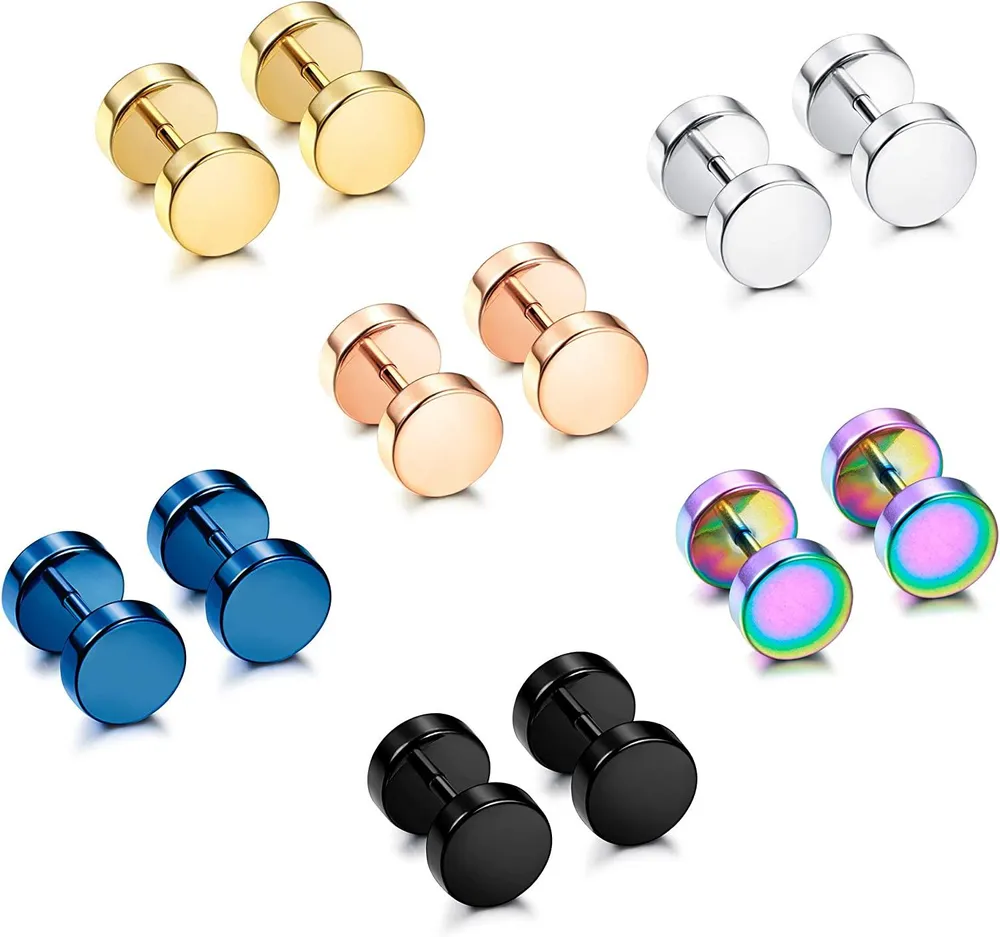 6 Pairs Stainless Men Earrings Studs Ear Piercing Plugs Tunnel Screw Design Fake Gauges Earrings Flat Back Stud Earring Set for Men Women 3-8mm - Grocery