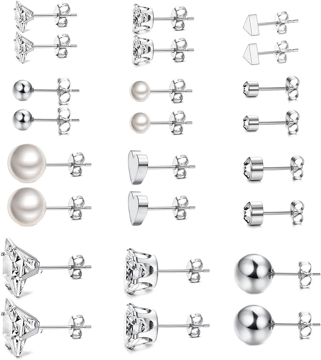 12Pairs Surgical Steel Stud Earring Set Earring Ball Triangle Heart CZ Earring - Grocery