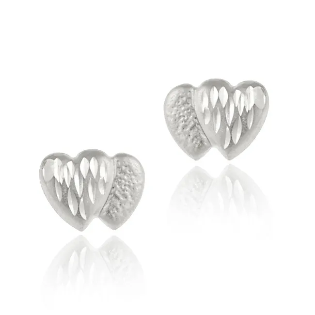14k White Gold Double Heart Diamond Cut Stud Earrings - Grocery