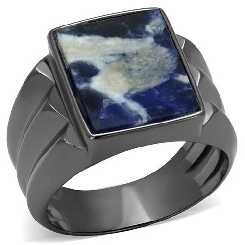 TK3012 - IP Light Black (IP Gun) Stainless Steel Ring with Semi-Precious Sodalite in Capri Blue - Grocery