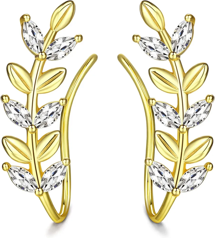 925 Sterling Silver Ear Cuffs Hoop Climber Earrings Butterfly CZ Leaf Arrow Crawler Earring Stud Cuff Earrings Set for Women Ear Jacket - Grocery