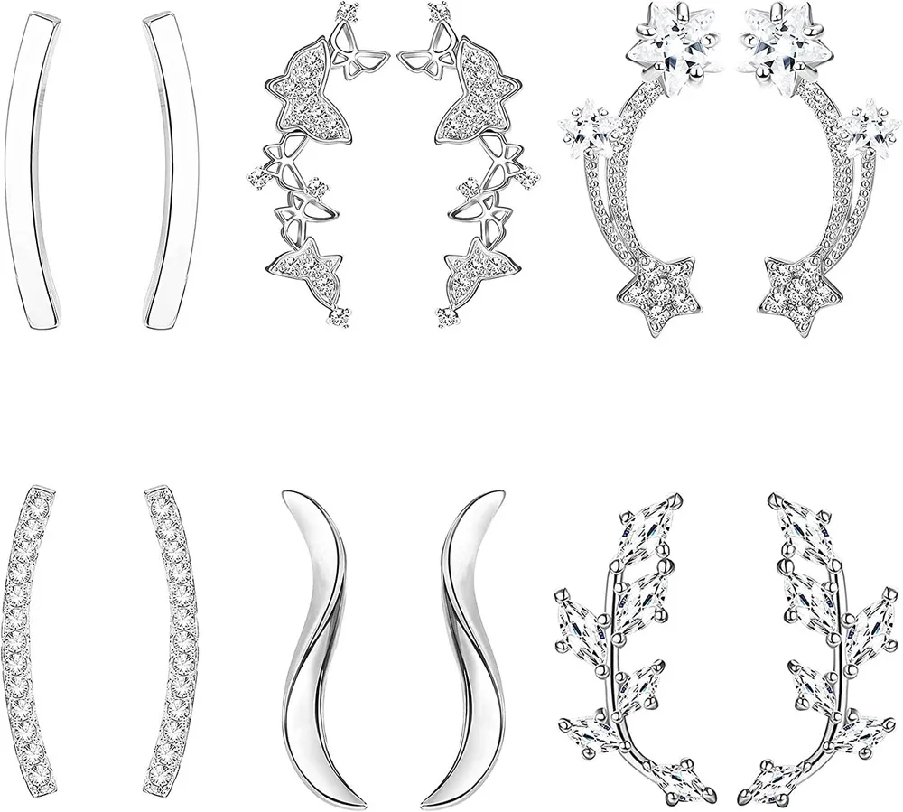 6 Pairs Ear Climbers Earrings for Women Crawler Earrings CZ Star Butterfly Ear Cuffs for Women - Grocery