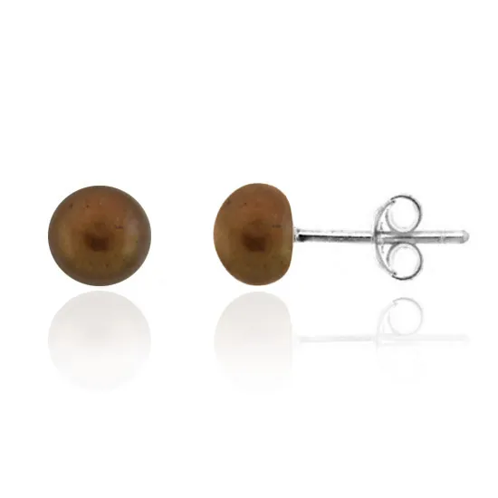 Sterling Silver Freshwater Cultured Brown Button Pearl 5.5-6mm Stud Earrings - Grocery