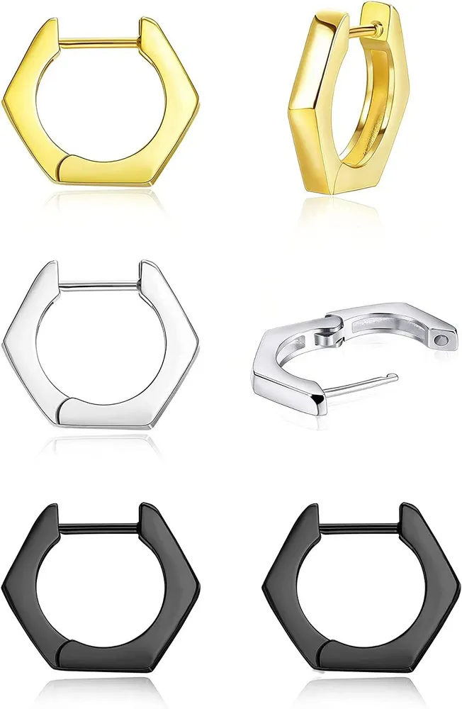 3 Pair Huggie Hoop Earrings for Men Women Hypoallergenic Hexagon Hoop Earrings Gold Plated Small Huggie Hoop Earrings - Grocery