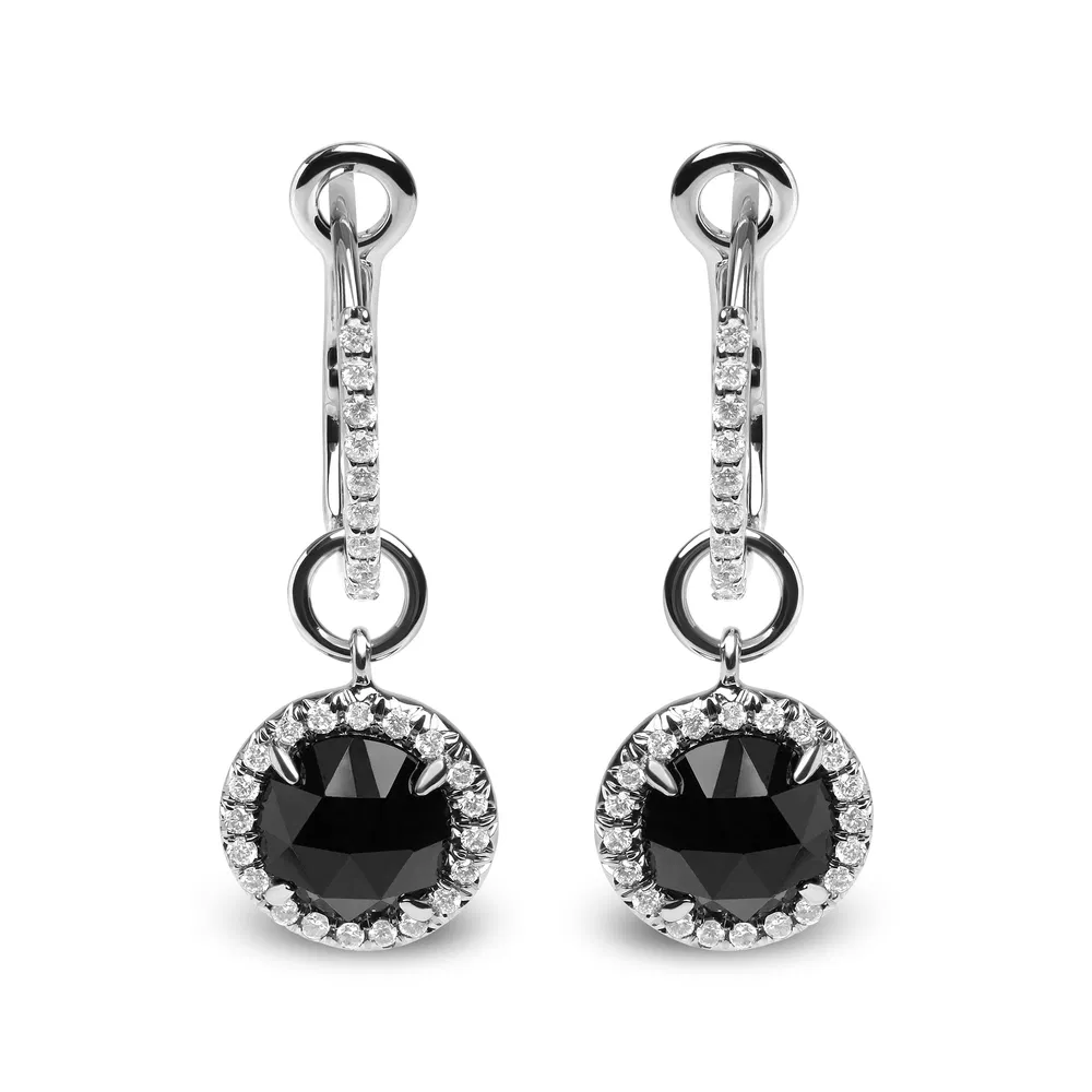 18K White Gold 1/3 Cttw Diamond and 7mm Round Black Onyx Gemstone Halo Dangle Hoop Earrings (G-H Color, SI1-SI2 Clarity) - Grocery