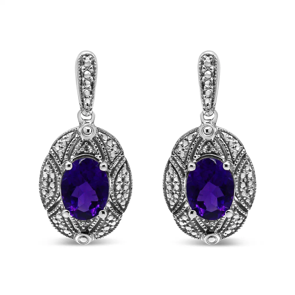 .925 Sterling Silver Diamond Accent and 8x6mm Purple Oval Amethyst Stud Earrings (I-J Color, I1-I2 Clarity) - Grocery