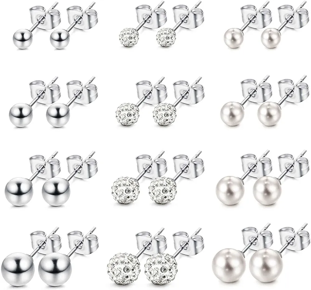 Stud Earrings for Women Stainless Round Pearl Crystal Ball Earrings Set - Grocery
